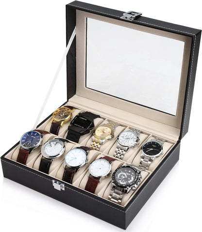 Black PU Leather Watch Organizer Display Storage Box Cases for Men &amp; Women (10 slots)-Watch Accessories-PEROZ Accessories