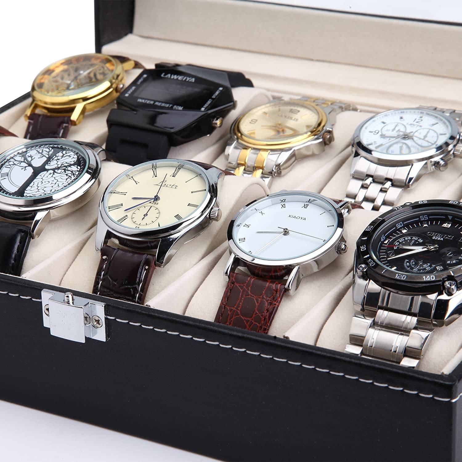 Black PU Leather Watch Organizer Display Storage Box Cases for Men &amp; Women (10 slots)-Watch Accessories-PEROZ Accessories