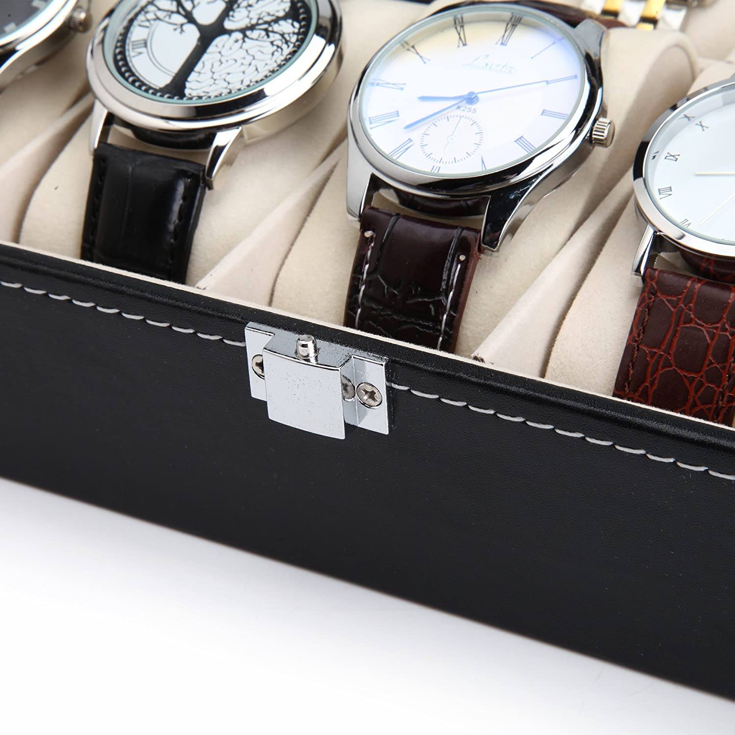 Black PU Leather Watch Organizer Display Storage Box Cases for Men &amp; Women (10 slots)-Watch Accessories-PEROZ Accessories