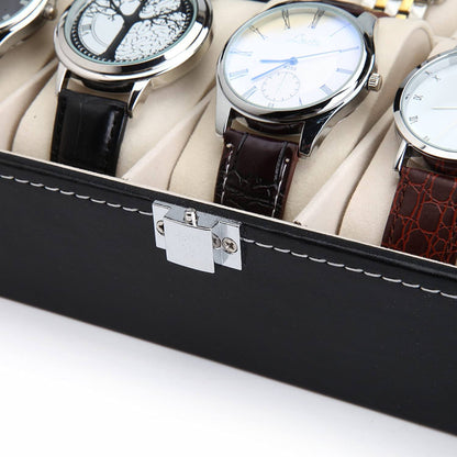 Black PU Leather Watch Organizer Display Storage Box Cases for Men &amp; Women (10 slots)-Watch Accessories-PEROZ Accessories