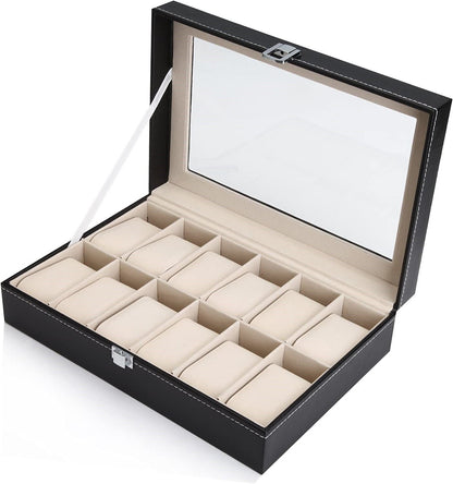 Black PU Leather Watch Organizer Display Storage Box Cases for Men &amp; Women (12 slots)-Watch Accessories-PEROZ Accessories