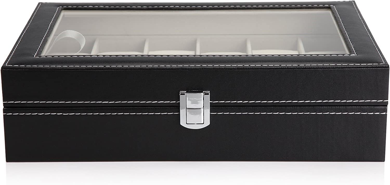 Black PU Leather Watch Organizer Display Storage Box Cases for Men &amp; Women (12 slots)-Watch Accessories-PEROZ Accessories