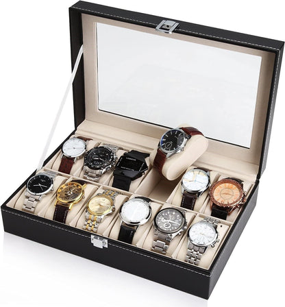 Black PU Leather Watch Organizer Display Storage Box Cases for Men &amp; Women (12 slots)-Watch Accessories-PEROZ Accessories