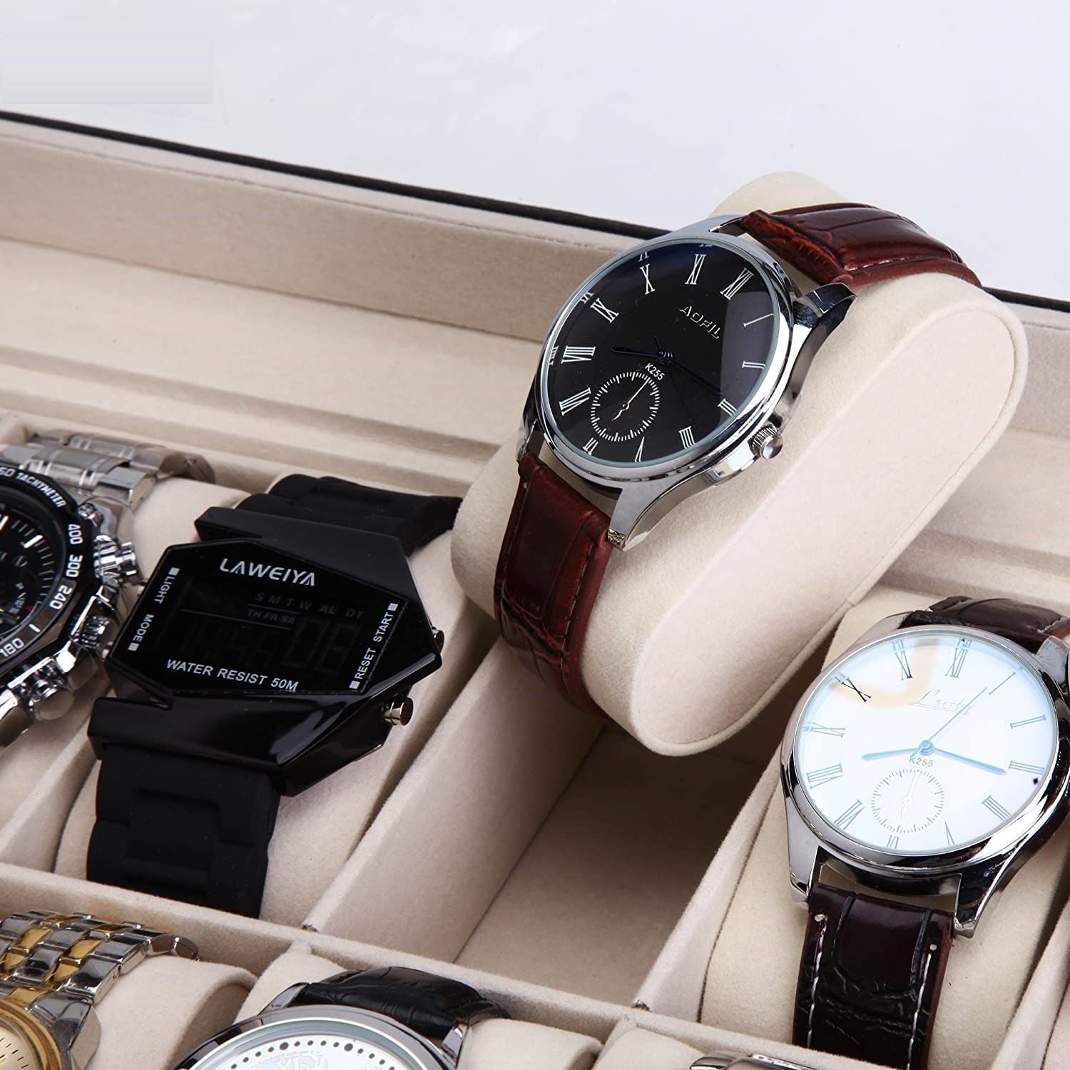 Black PU Leather Watch Organizer Display Storage Box Cases for Men &amp; Women (12 slots)-Watch Accessories-PEROZ Accessories