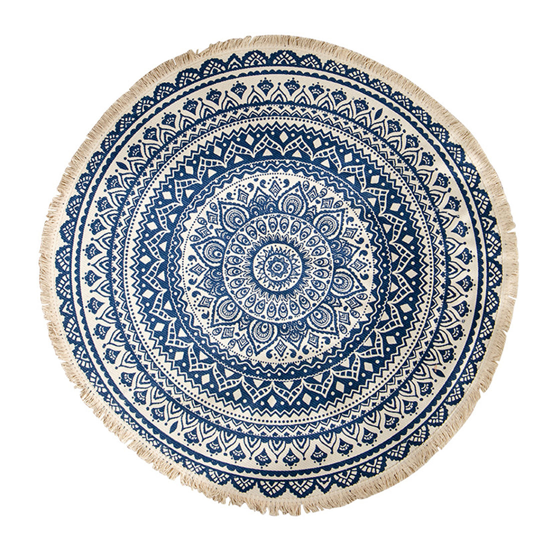 SOGA Dark Blue Carpet Soft Linen Bohemian Non Slip Floor Retro Minimalist Round Rug Home Decor with Tassels-Rugs-PEROZ Accessories