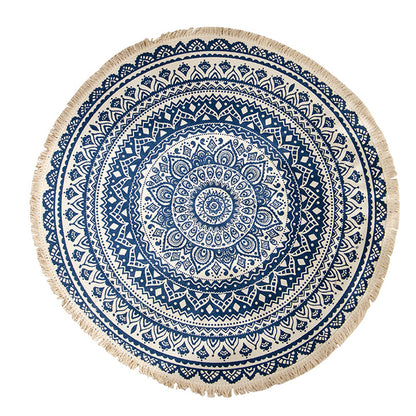 SOGA Dark Blue Carpet Soft Linen Bohemian Non Slip Floor Retro Minimalist Round Rug Home Decor with Tassels-Rugs-PEROZ Accessories