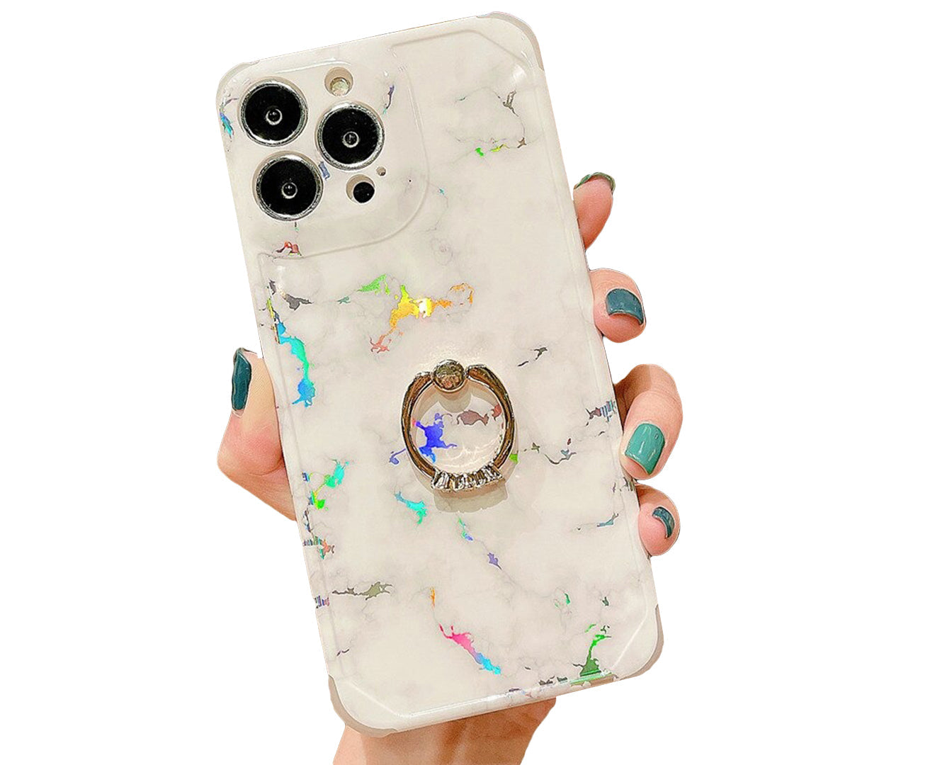 Anymob iPhone Case White Laser Gradient Glitter Marble Ring Holder Stand Soft Silicone Shockproof Coque Mobile Cover iPhone 12 11 13 Pro Max-Mobile Phone Cases-PEROZ Accessories