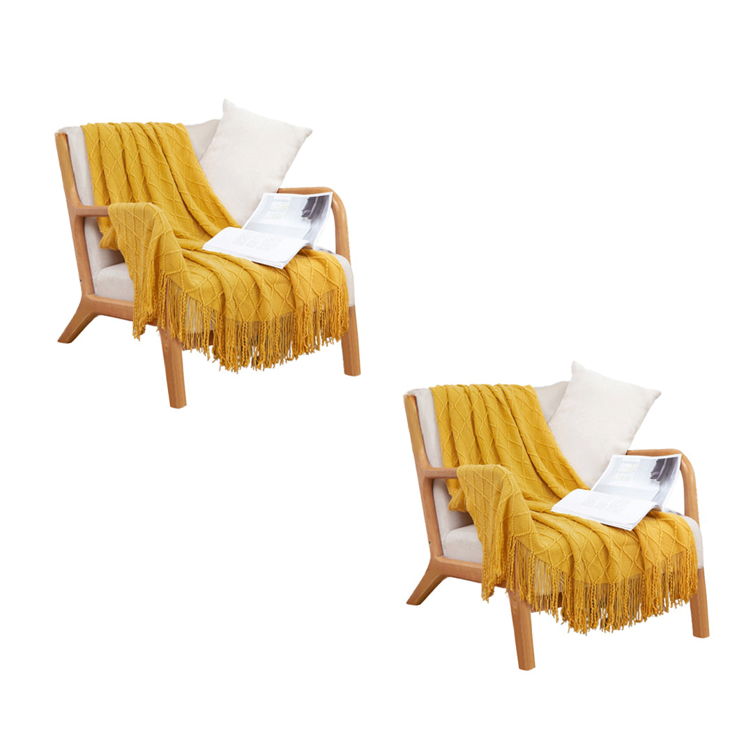 SOGA 2X Yellow Diamond Pattern Knitted Throw Blanket Warm Cozy Woven Cover Couch Bed Sofa Home Decor with Tassels-Throw Blankets-PEROZ Accessories