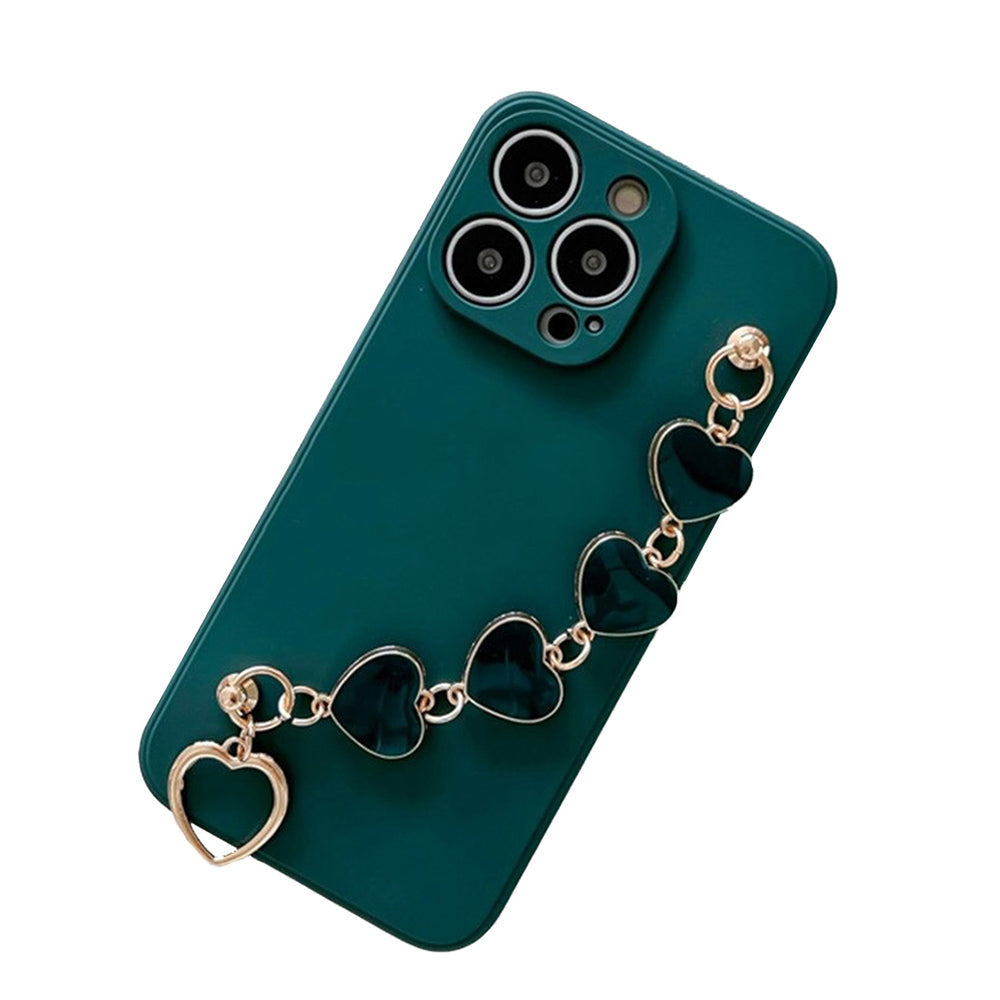 Anymob iPhone Dark Green Luxury Heart Bracelet Silicon Phone Chain Case For IOS Stylish Wrist Chain Fashion Cover Compatible-Mobile Phone Cases-PEROZ Accessories