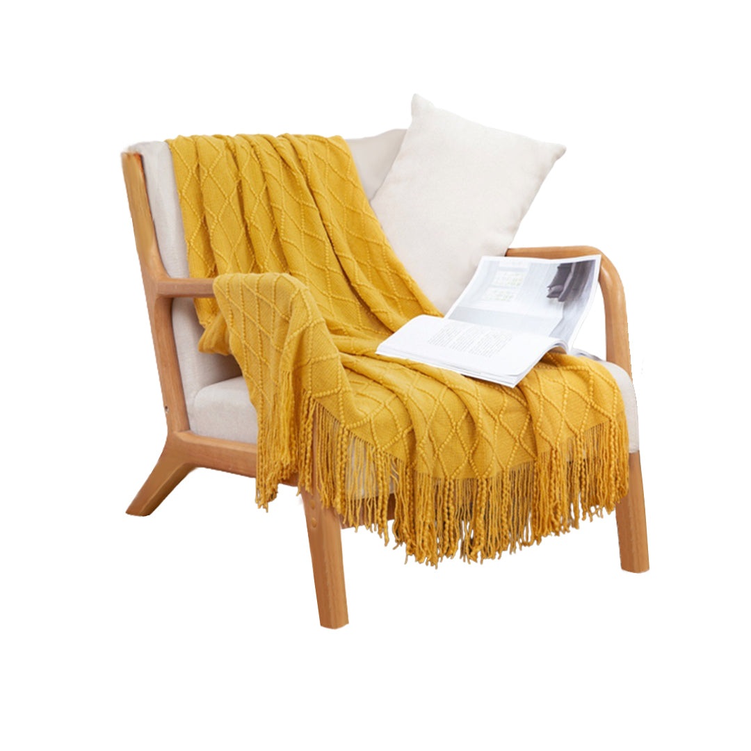SOGA Yellow Diamond Pattern Knitted Throw Blanket Warm Cozy Woven Cover Couch Bed Sofa Home Decor with Tassels-Throw Blankets-PEROZ Accessories