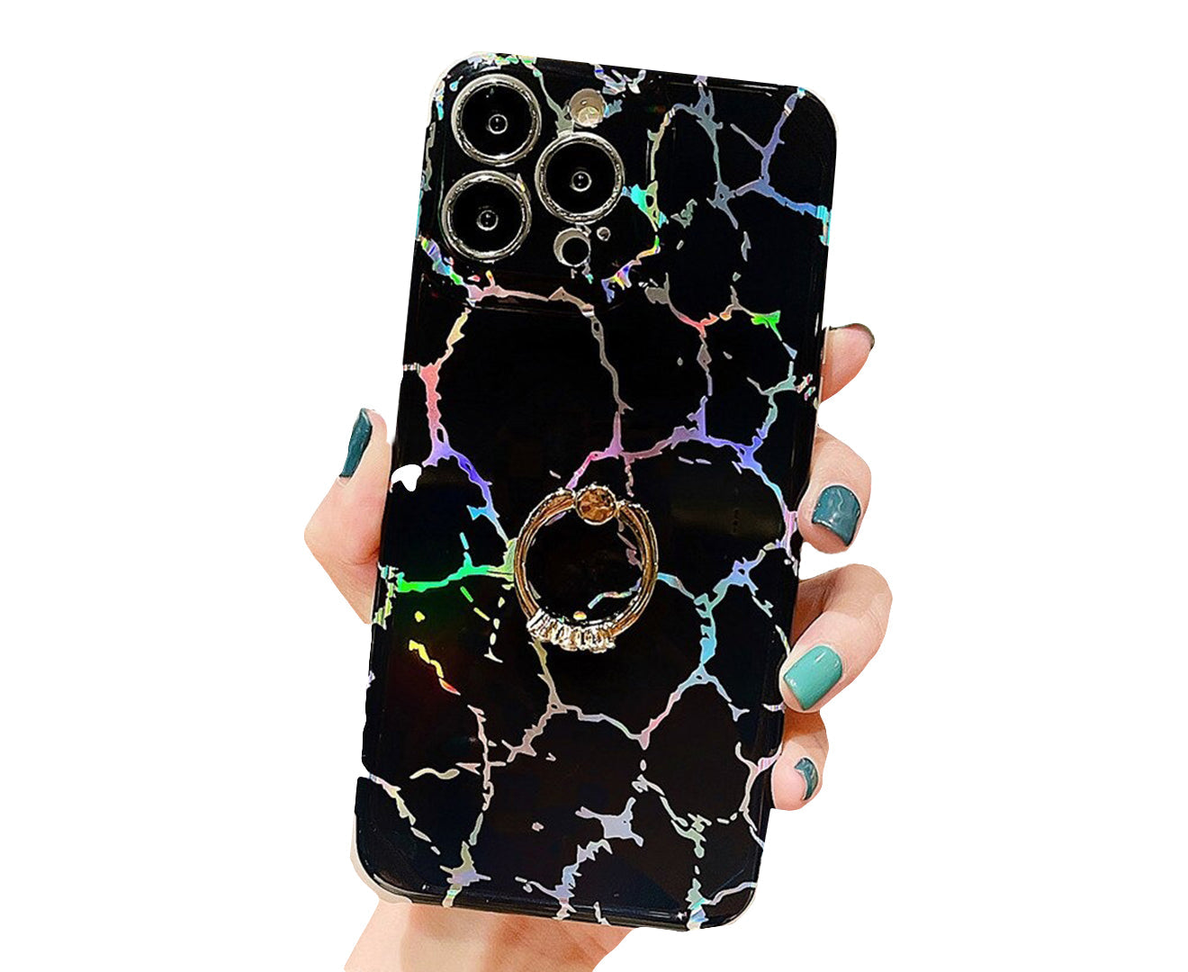 Anymob iPhone Case Black Laser Gradient Glitter Marble Ring Holder Stand Soft Silicone Shockproof Coque Mobile Cover iPhone 12 11 13 Pro Max Compatible-Mobile Phone Cases-PEROZ Accessories