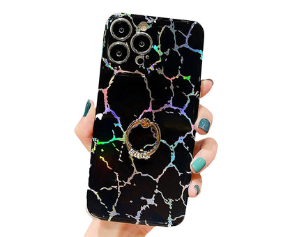 Anymob iPhone Case Black Laser Gradient Glitter Marble Ring Holder Stand Soft Silicone Shockproof Coque Mobile Cover iPhone 12 11 13 Pro Max Compatible-Mobile Phone Cases-PEROZ Accessories