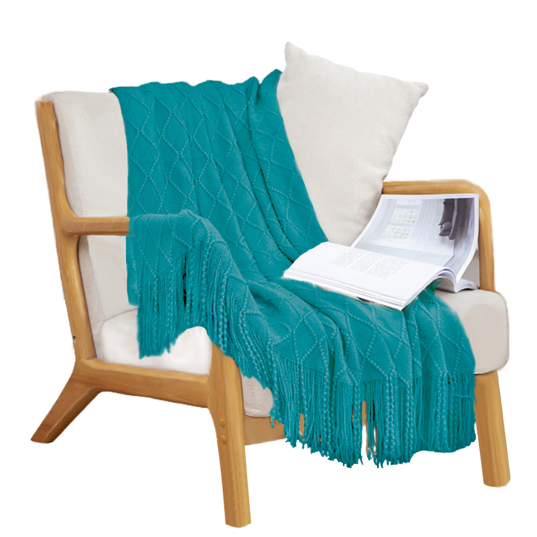 SOGA Teal Diamond Pattern Knitted Throw Blanket Warm Cozy Woven Cover Couch Bed Sofa Home Decor with Tassels-Throw Blankets-PEROZ Accessories