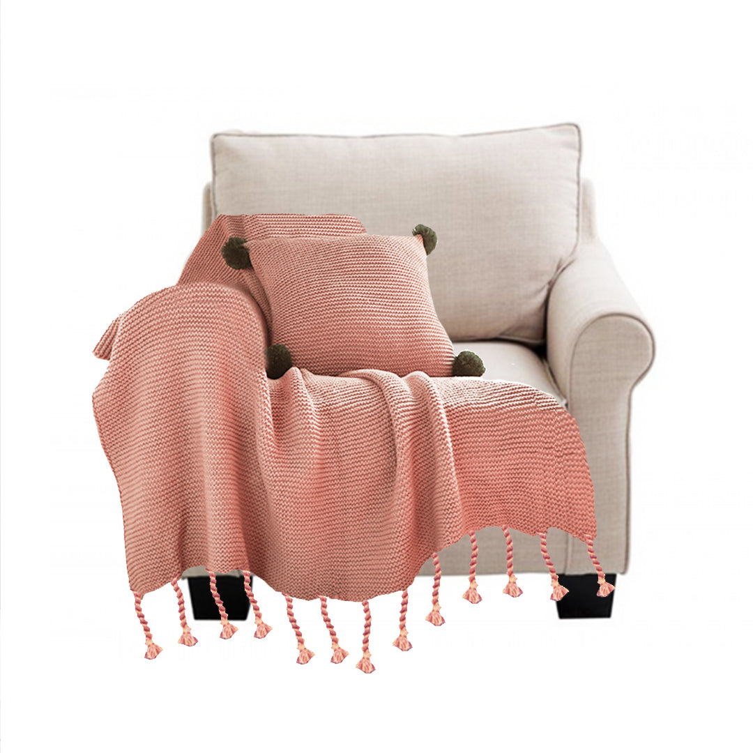 SOGA Pink Tassel Fringe Knitting Blanket Warm Cozy Woven Cover Couch Bed Sofa Home Decor-Throw Blankets-PEROZ Accessories