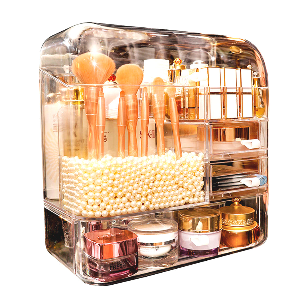 SOGA Transparent Cosmetic Storage Box Clear Makeup Skincare Holder with Lid Drawers Waterproof Dustproof Organiser with Pearls-Makeup Organisers-PEROZ Accessories