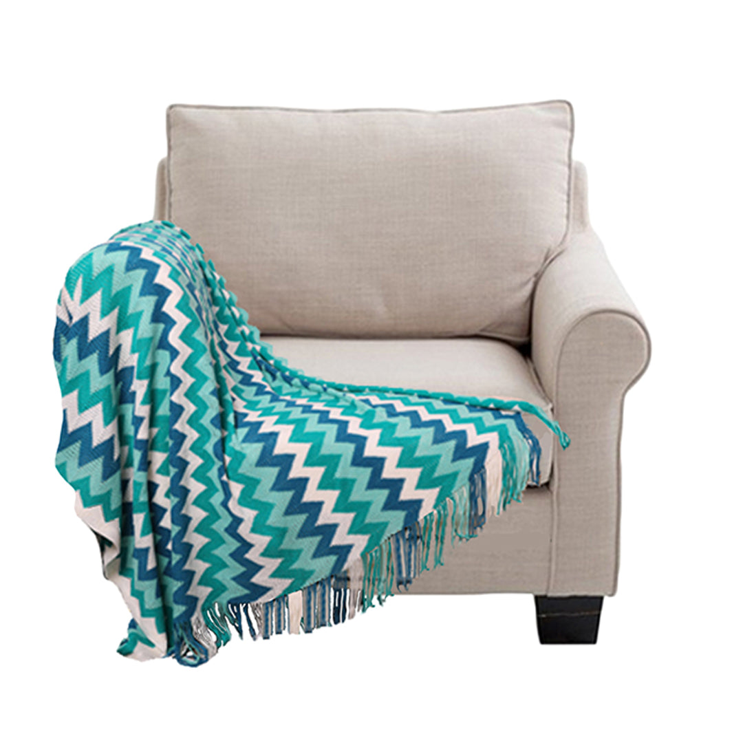 SOGA 220cm Blue Zigzag Striped Throw Blanket Acrylic Wave Knitted Fringed Woven Cover Couch Bed Sofa Home Decor-Throw Blankets-PEROZ Accessories