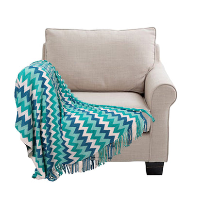 SOGA 220cm Blue Zigzag Striped Throw Blanket Acrylic Wave Knitted Fringed Woven Cover Couch Bed Sofa Home Decor-Throw Blankets-PEROZ Accessories
