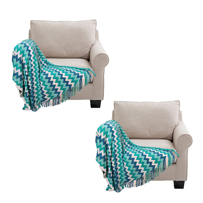 SOGA 2X 220cm Blue Zigzag Striped Throw Blanket Acrylic Wave Knitted Fringed Woven Cover Couch Bed Sofa Home Decor-Throw Blankets-PEROZ Accessories