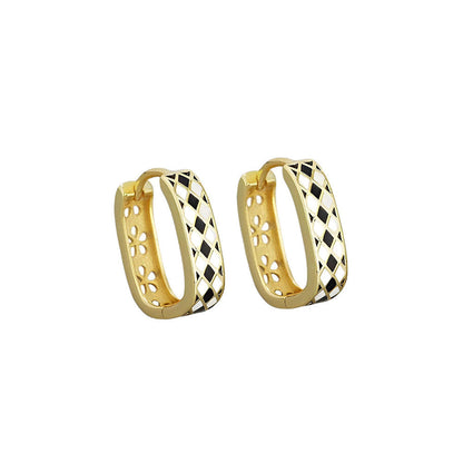 Anyco Hoop Fashion Earrings Statement Checkerboard Enamel Ear Buckle Women Charms Punk Party Jewelry Gold-Earrings-PEROZ Accessories