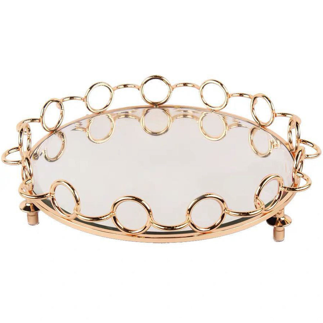 SOGA 38cm Bronze Colored Round Mirror Glass Metal Tray Vanity Makeup Perfume Jewelry Organiser with Handles-Jewellery Holders &amp; Organisers-PEROZ Accessories
