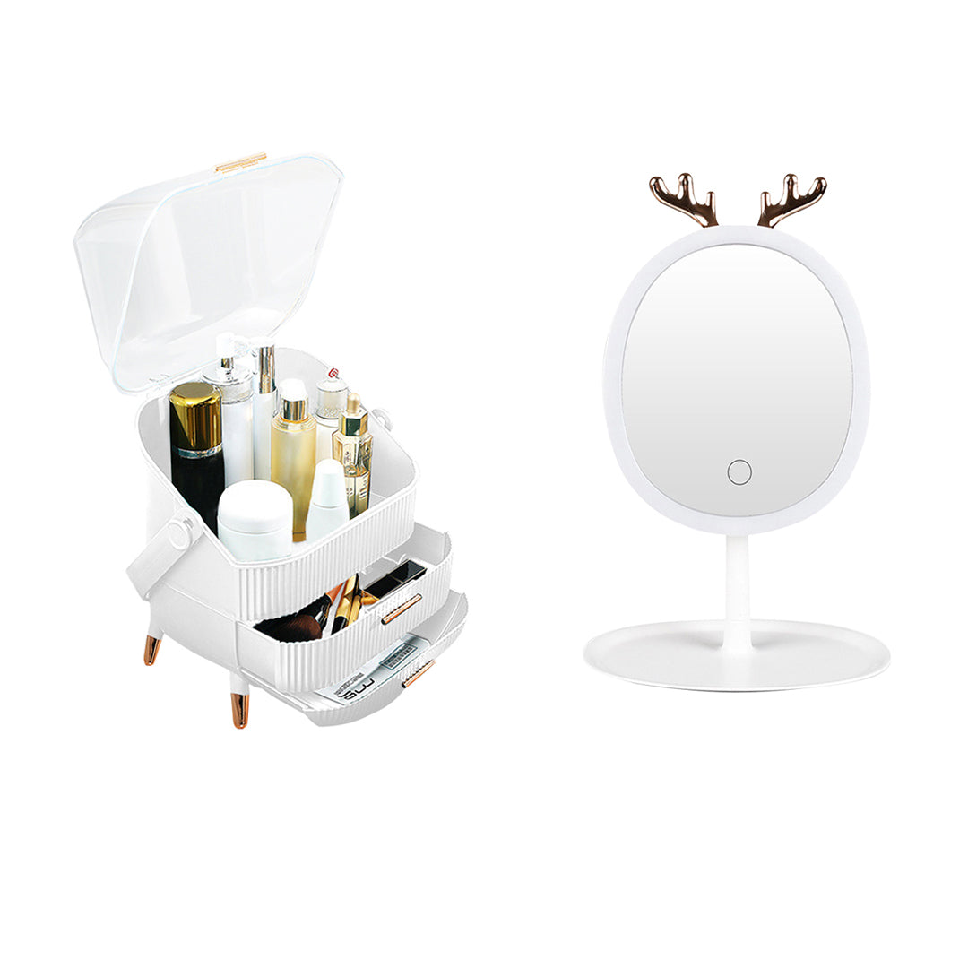 SOGA White Cosmetic Jewelry Storage Organiser with Antler LED Light Mirror Tabletop Vanity Set-Makeup Organisers-PEROZ Accessories