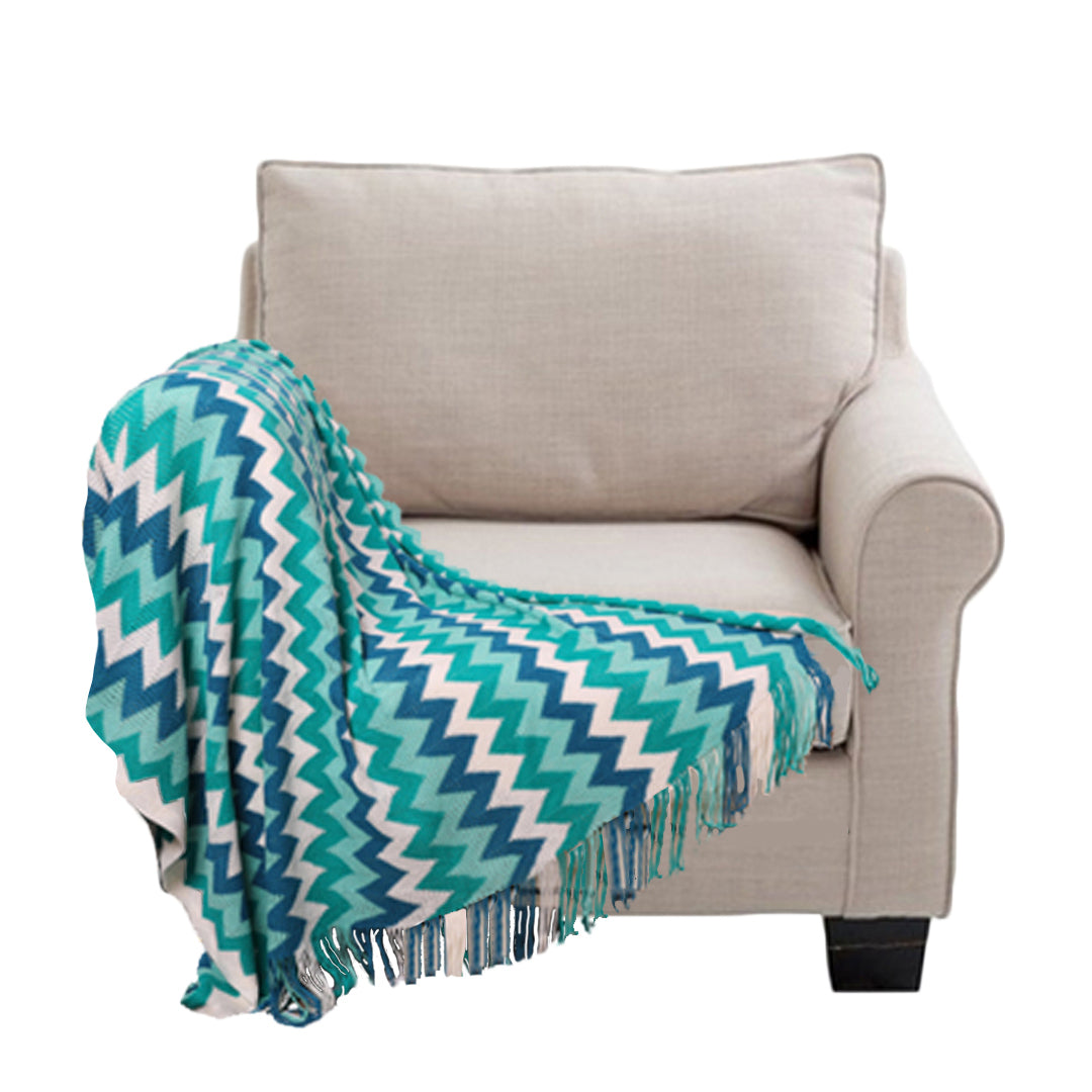 SOGA 170cm Blue Zigzag Striped Throw Blanket Acrylic Wave Knitted Fringed Woven Cover Couch Bed Sofa Home Decor-Throw Blankets-PEROZ Accessories