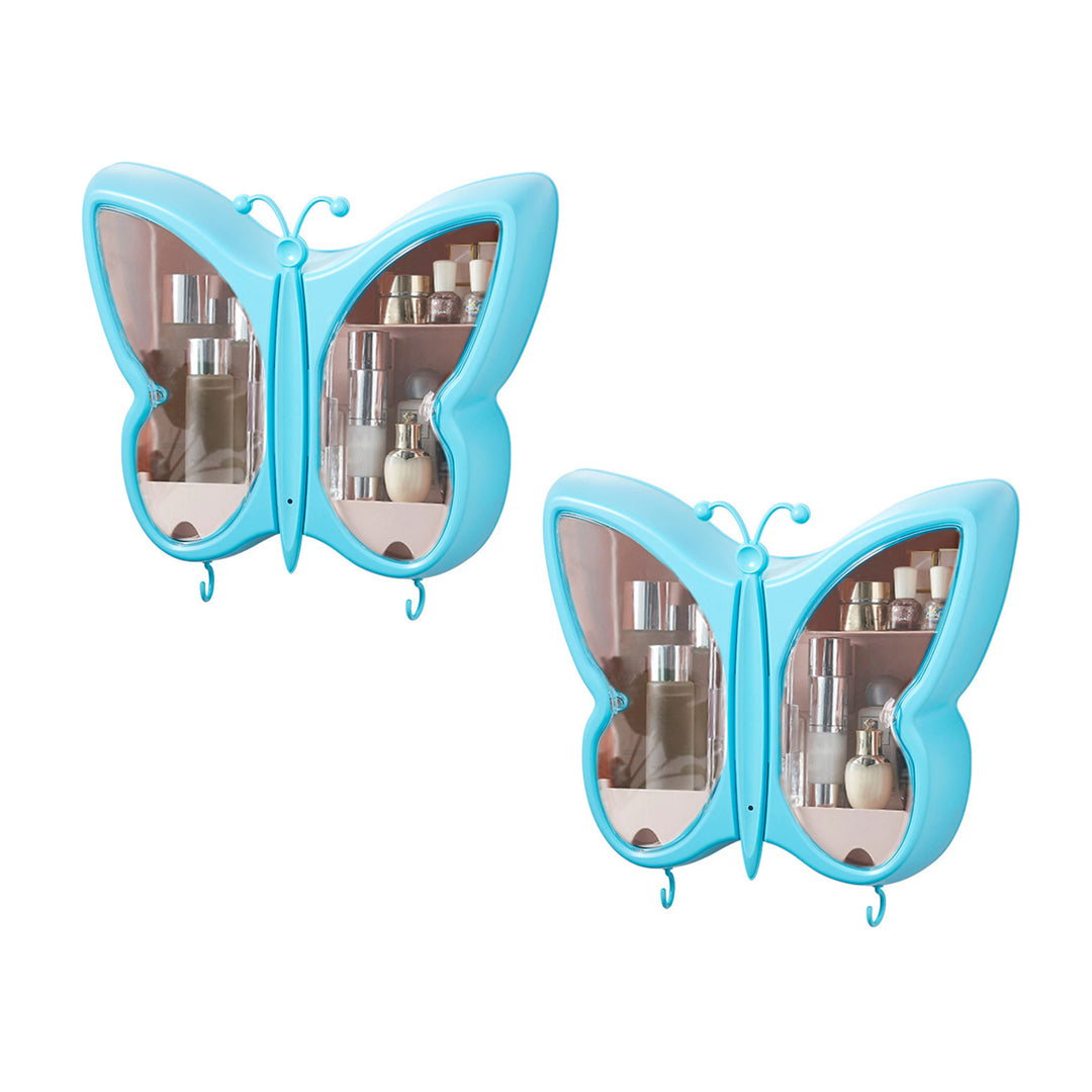 SOGA 2X Blue Butterfly Shape Wall Mounted Makeup Organiser Dustproof Waterproof Bathroom Storage Box Home Decor-Makeup Organisers-PEROZ Accessories