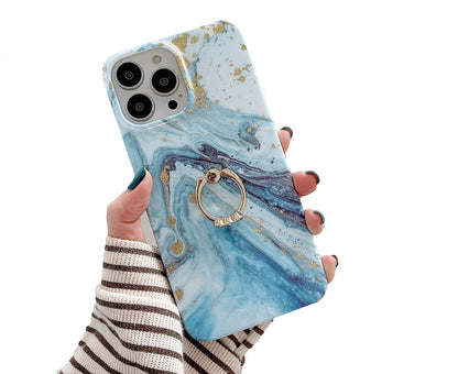 Anymob iPhone Case Turquoise Gradient Glitter Marble Pattern Ring Holder Stand Soft Silicone Shockproof Coque Mobile Cover iPhone 12 11 13 Pro Max-Mobile Phone Cases-PEROZ Accessories