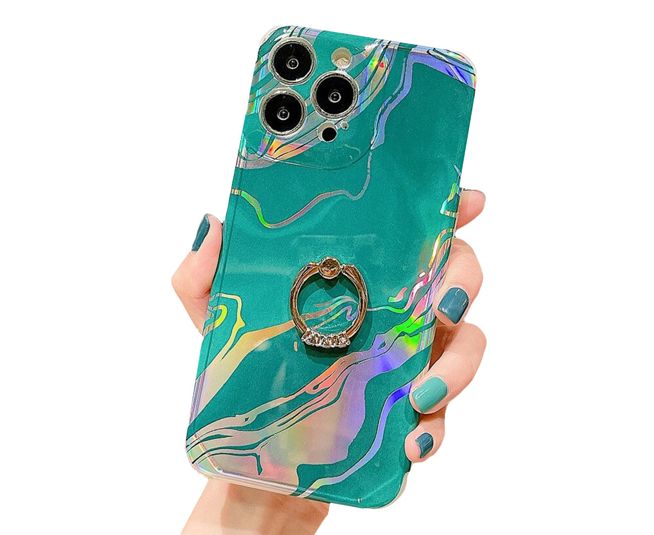 Anymob iPhone Case Sea Green Laser Gradient Glitter Marble Ring Holder Stand Soft Silicone Shockproof Coque Mobile Cover iPhone 12 11 13 Pro Max-Mobile Phone Cases-PEROZ Accessories