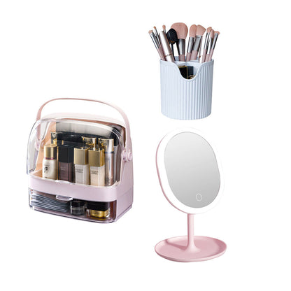SOGA 2 Tier Pink Countertop Cosmetic Makeup Brush Lipstick Holder Organiser and 20cm Rechargeable LED Light Tabletop Mirror Set-Makeup Organisers-PEROZ Accessories