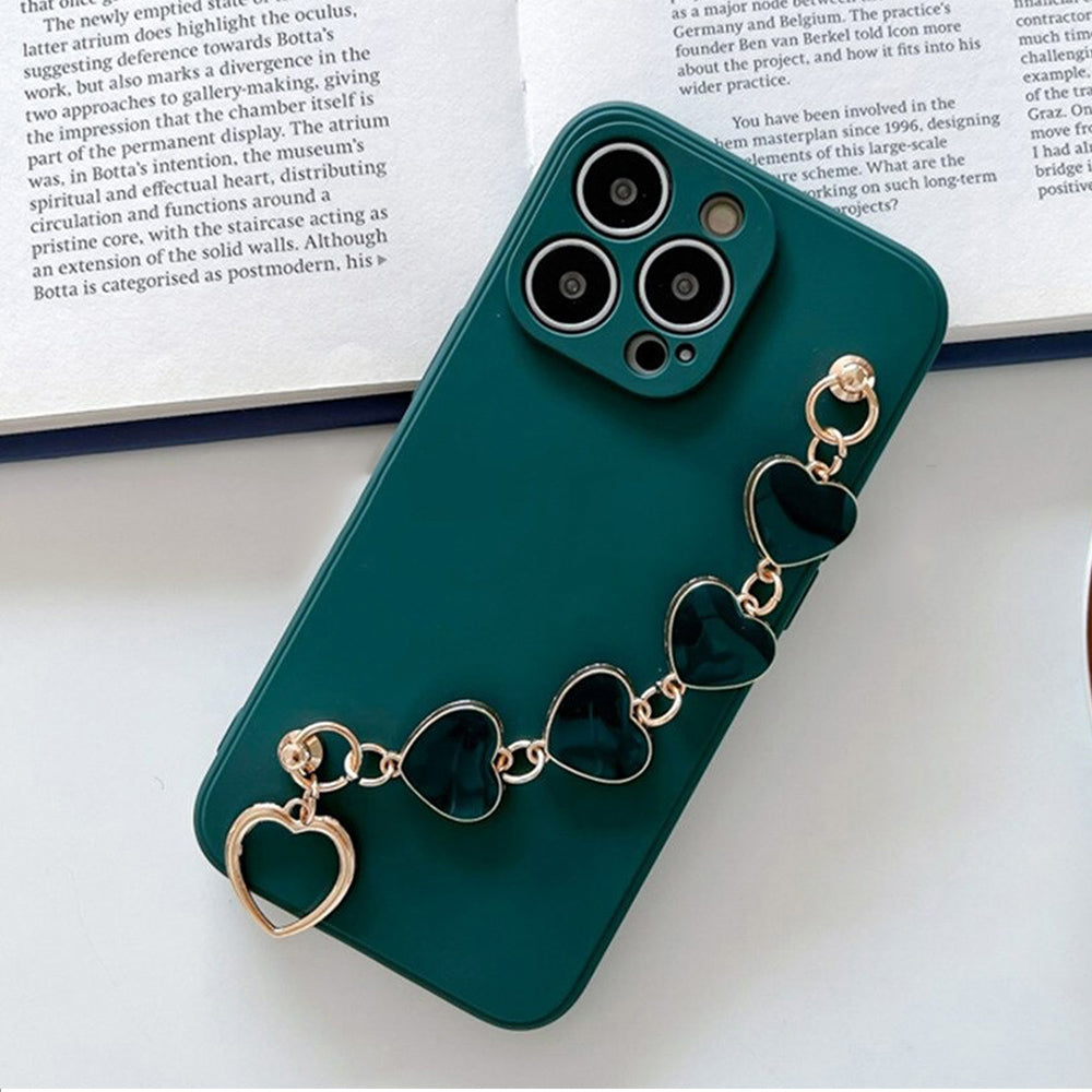 Anymob iPhone Phone Case Navy Green Heart Chain Hand Strap Apple Back Mobile Cover For IOS 13 Pro Max 12 MiNi 11 Pro XR XS X 7 8 Plus 6 6S SE-Mobile Phone Cases-PEROZ Accessories