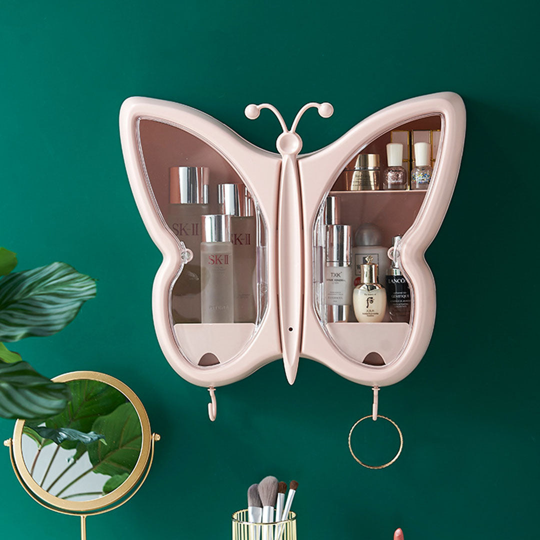 SOGA Pink Butterfly Shape Wall Mounted Makeup Organiser Dustproof Waterproof Bathroom Storage Box Home Decor-Makeup Organisers-PEROZ Accessories