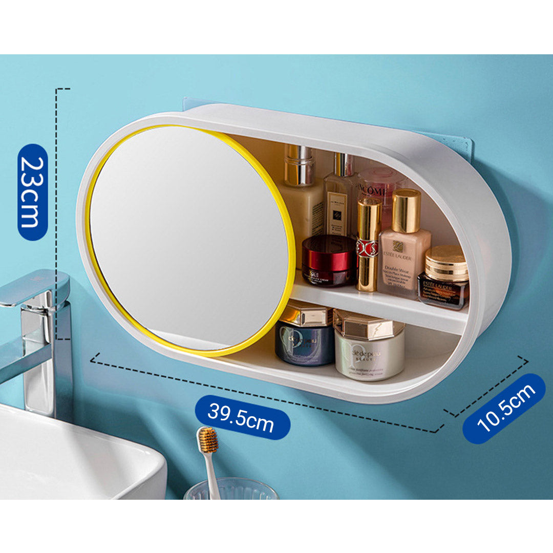 SOGA 39cm Oval Wall Mounted Mirror Storage Box Vanity Mirror Rack Bathroom Adhesive Shelf Home Organiser Decor-Makeup Organisers-PEROZ Accessories