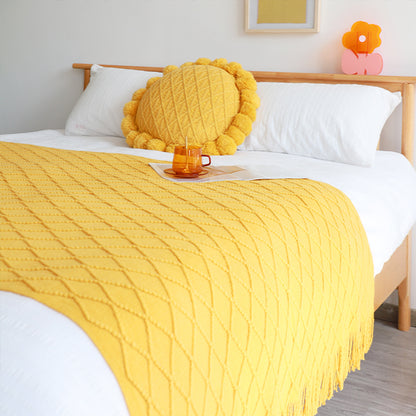 SOGA 2X Yellow Diamond Pattern Knitted Throw Blanket Warm Cozy Woven Cover Couch Bed Sofa Home Decor with Tassels-Throw Blankets-PEROZ Accessories