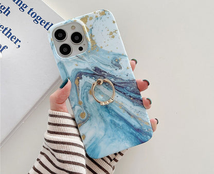 Anymob iPhone Case Turquoise Gradient Glitter Marble Pattern Ring Holder Stand Soft Silicone Shockproof Coque Mobile Cover iPhone 12 11 13 Pro Max-Mobile Phone Cases-PEROZ Accessories