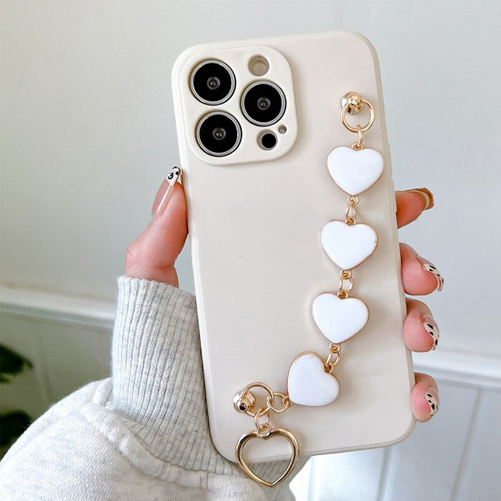 Anymob iPhone Phone Case Beige Heart Chain Hand Strap Apple Back Mobile Cover for IOS 13 Pro Max 12 MiNi 11 Pro XR XS X 7 8 Plus 6 6S SE Compatible-Mobile Phone Cases-PEROZ Accessories