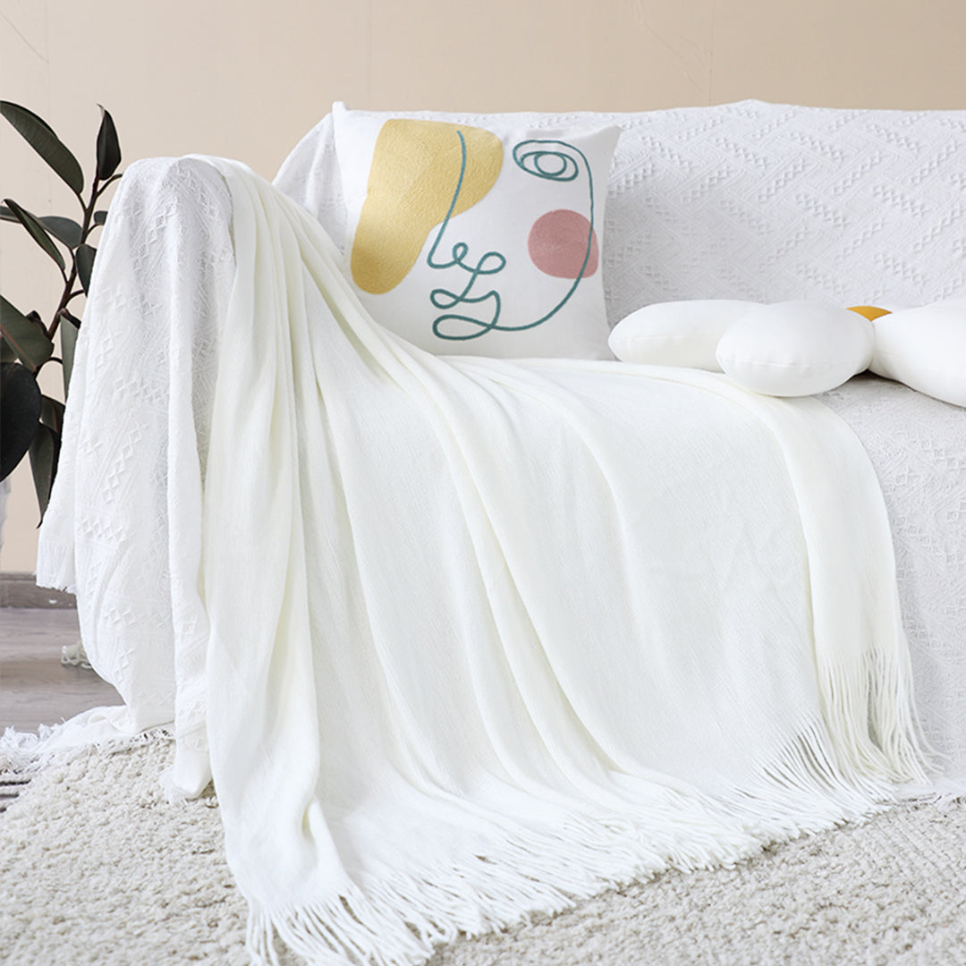 SOGA White Acrylic Knitted Throw Blanket Solid Fringed Warm Cozy Woven Cover Couch Bed Sofa Home Decor-Throw Blankets-PEROZ Accessories