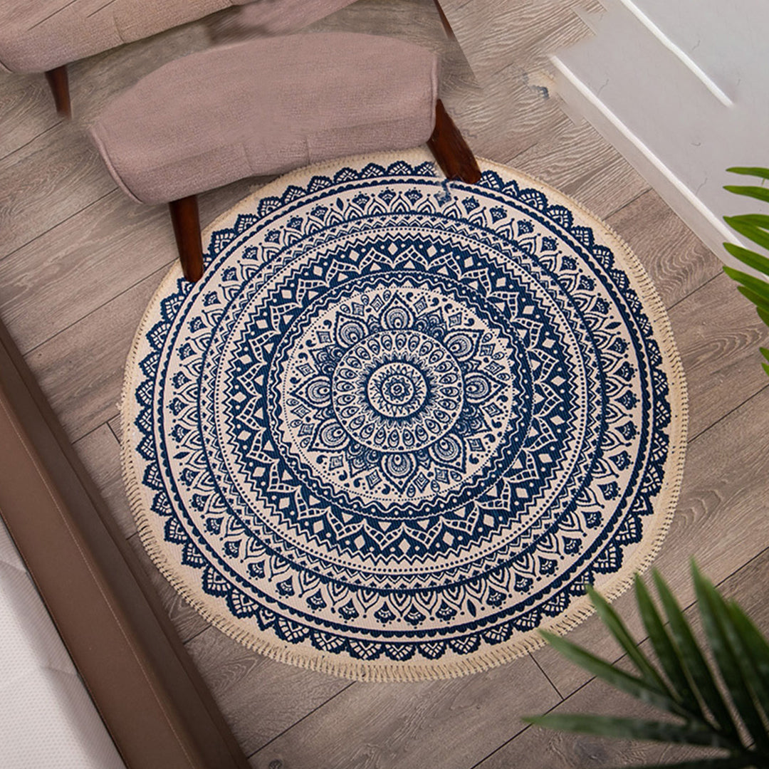 SOGA Dark Blue Carpet Soft Linen Bohemian Non Slip Floor Retro Minimalist Round Rug Home Decor with Tassels-Rugs-PEROZ Accessories