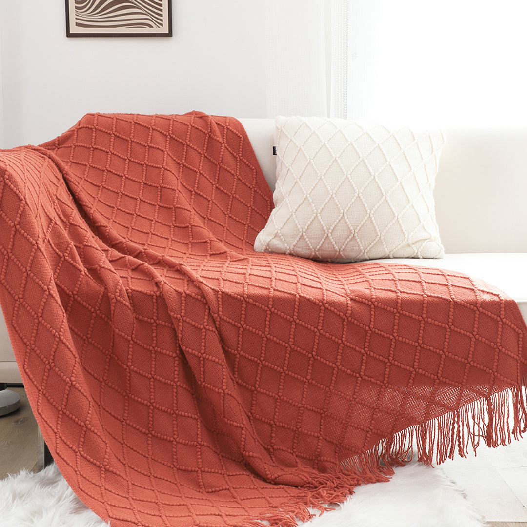 SOGA Red Diamond Pattern Knitted Throw Blanket Warm Cozy Woven Cover Couch Bed Sofa Home Decor with Tassels-Throw Blankets-PEROZ Accessories