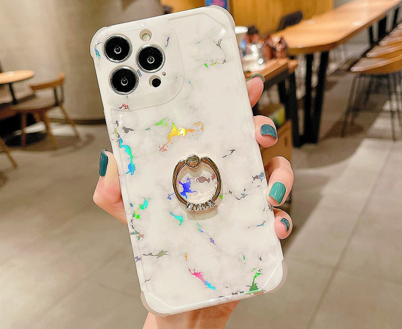 Anymob iPhone Case White Laser Gradient Glitter Marble Ring Holder Stand Soft Silicone Shockproof Coque Mobile Cover iPhone 12 11 13 Pro Max-Mobile Phone Cases-PEROZ Accessories