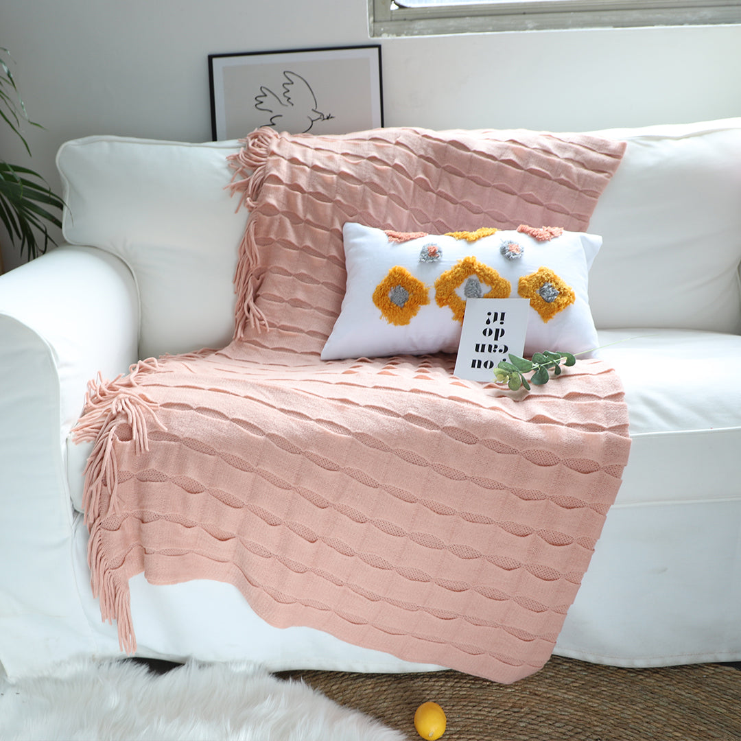 SOGA 2X Pink Textured Knitted Throw Blanket Warm Cozy Woven Cover Couch Bed Sofa Home Decor with Tassels-Throw Blankets-PEROZ Accessories