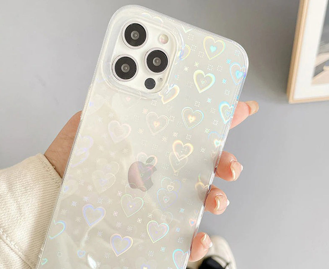 Anymob iPhone Case Clear Holographic Heart Soft Silicone Bumper Cover iPhone 13 12 11 Pro Max XR X XS Max 7 8 Plus SE 2020 Compatible-Mobile Phone Cases-PEROZ Accessories