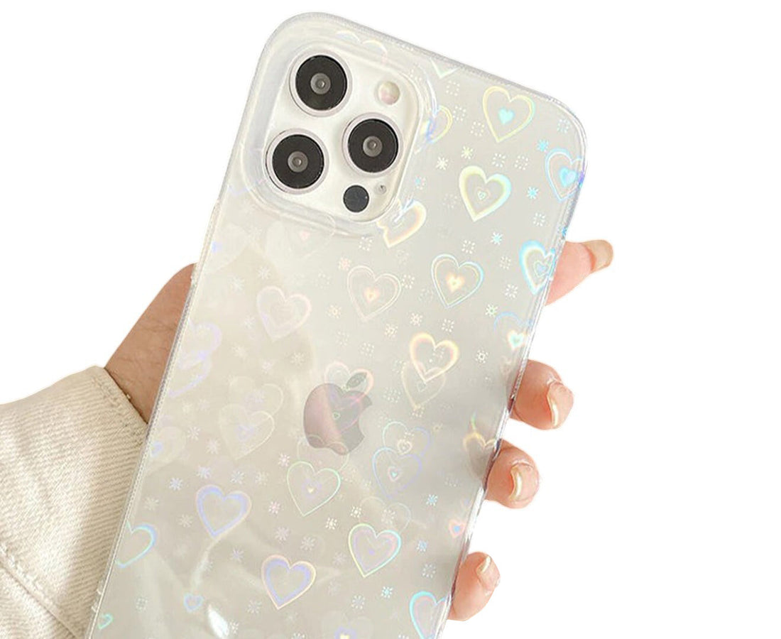 Anymob iPhone Case Clear Holographic Heart Soft Silicone Bumper Cover iPhone 13 12 11 Pro Max XR X XS Max 7 8 Plus SE 2020 Compatible-Mobile Phone Cases-PEROZ Accessories