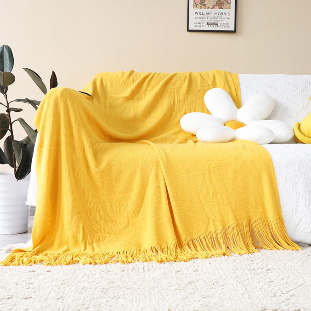 SOGA 2X Yellow Acrylic Knitted Throw Blanket Solid Fringed Warm Cozy Woven Cover Couch Bed Sofa Home Decor-Throw Blankets-PEROZ Accessories