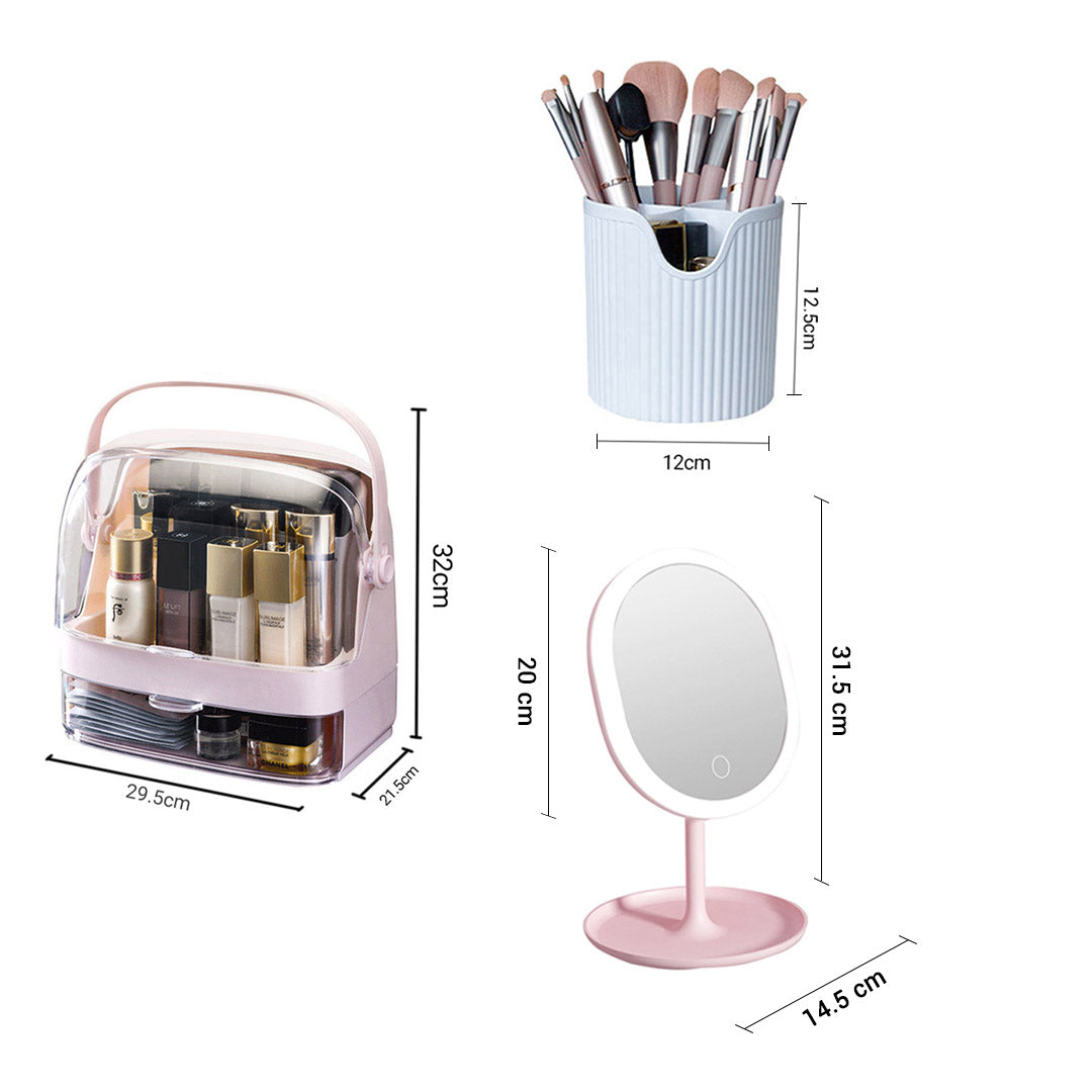 SOGA 2 Tier Pink Countertop Cosmetic Makeup Brush Lipstick Holder Organiser and 20cm Rechargeable LED Light Tabletop Mirror Set-Makeup Organisers-PEROZ Accessories