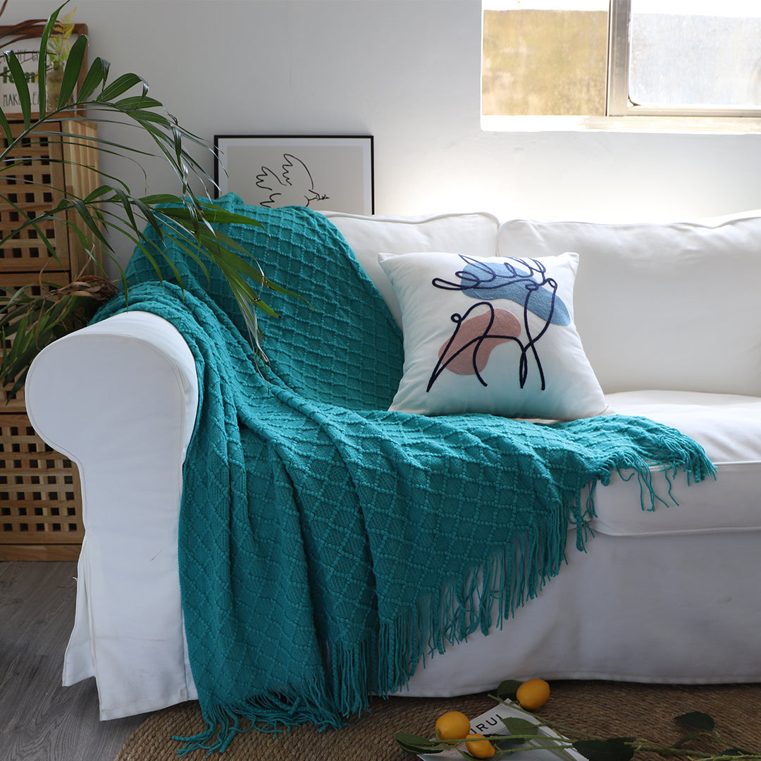 SOGA Teal Diamond Pattern Knitted Throw Blanket Warm Cozy Woven Cover Couch Bed Sofa Home Decor with Tassels-Throw Blankets-PEROZ Accessories