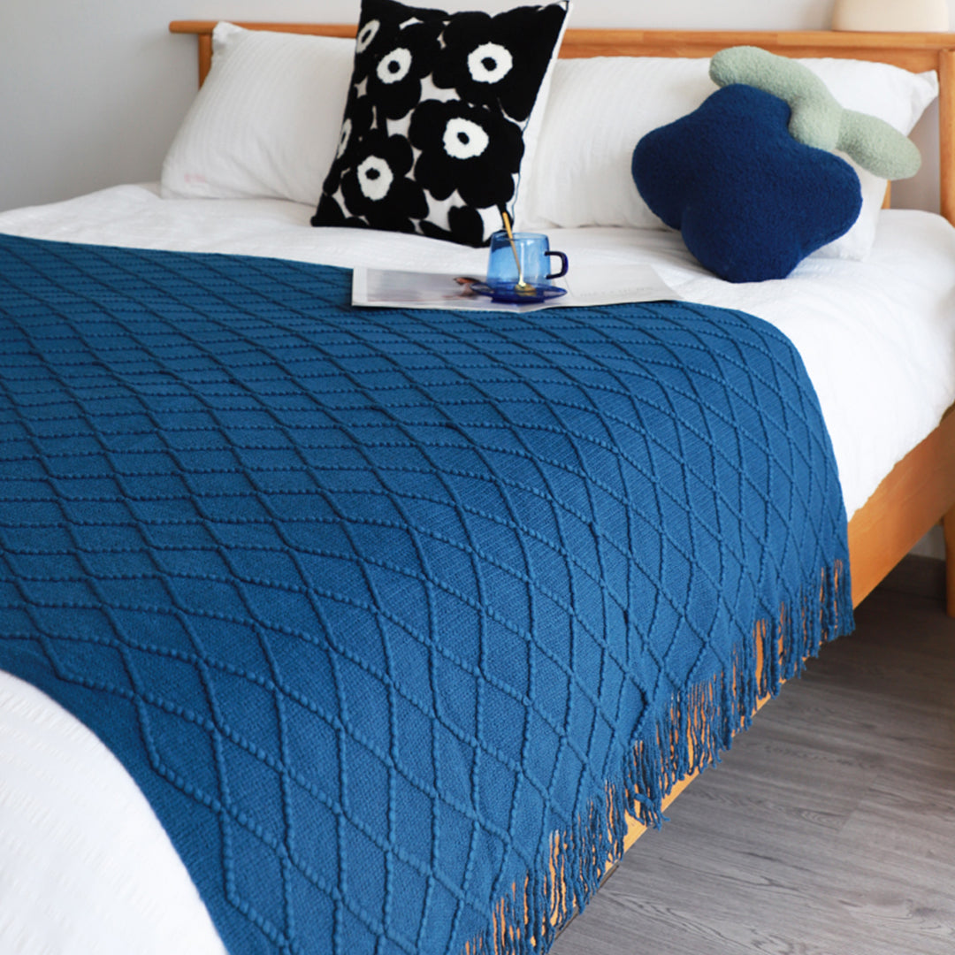 SOGA 2X Royal Blue Diamond Pattern Knitted Throw Blanket Warm Cozy Woven Cover Couch Bed Sofa Home Decor with Tassels-Throw Blankets-PEROZ Accessories