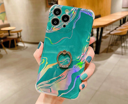 Anymob iPhone Case Sea Green Laser Gradient Glitter Marble Ring Holder Stand Soft Silicone Shockproof Coque Mobile Cover iPhone 12 11 13 Pro Max-Mobile Phone Cases-PEROZ Accessories