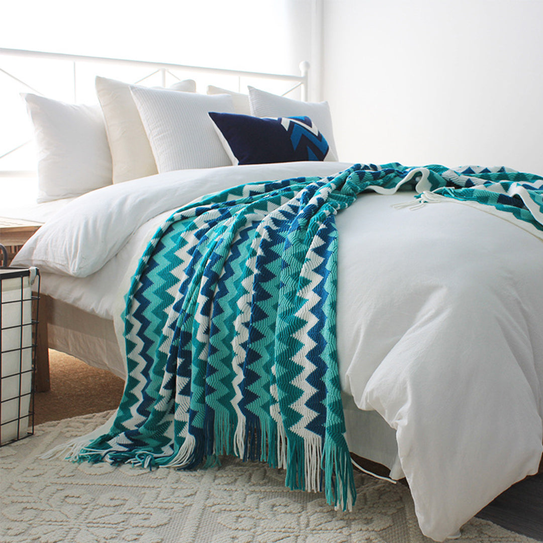 SOGA 220cm Blue Zigzag Striped Throw Blanket Acrylic Wave Knitted Fringed Woven Cover Couch Bed Sofa Home Decor-Throw Blankets-PEROZ Accessories
