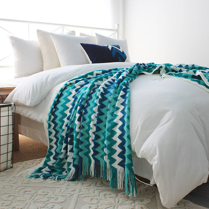 SOGA 220cm Blue Zigzag Striped Throw Blanket Acrylic Wave Knitted Fringed Woven Cover Couch Bed Sofa Home Decor-Throw Blankets-PEROZ Accessories